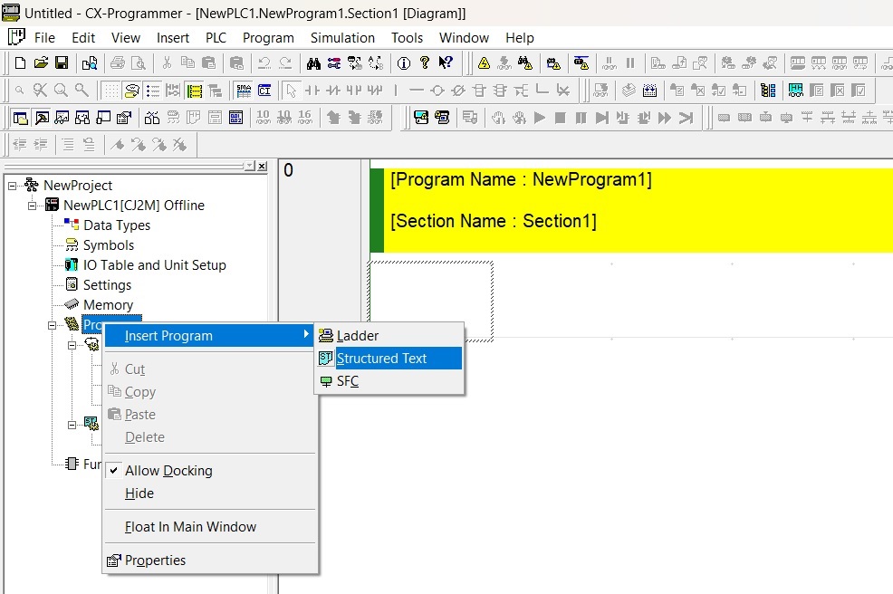 Creating a New Structured Text Programs on Omron CX-Programmer
